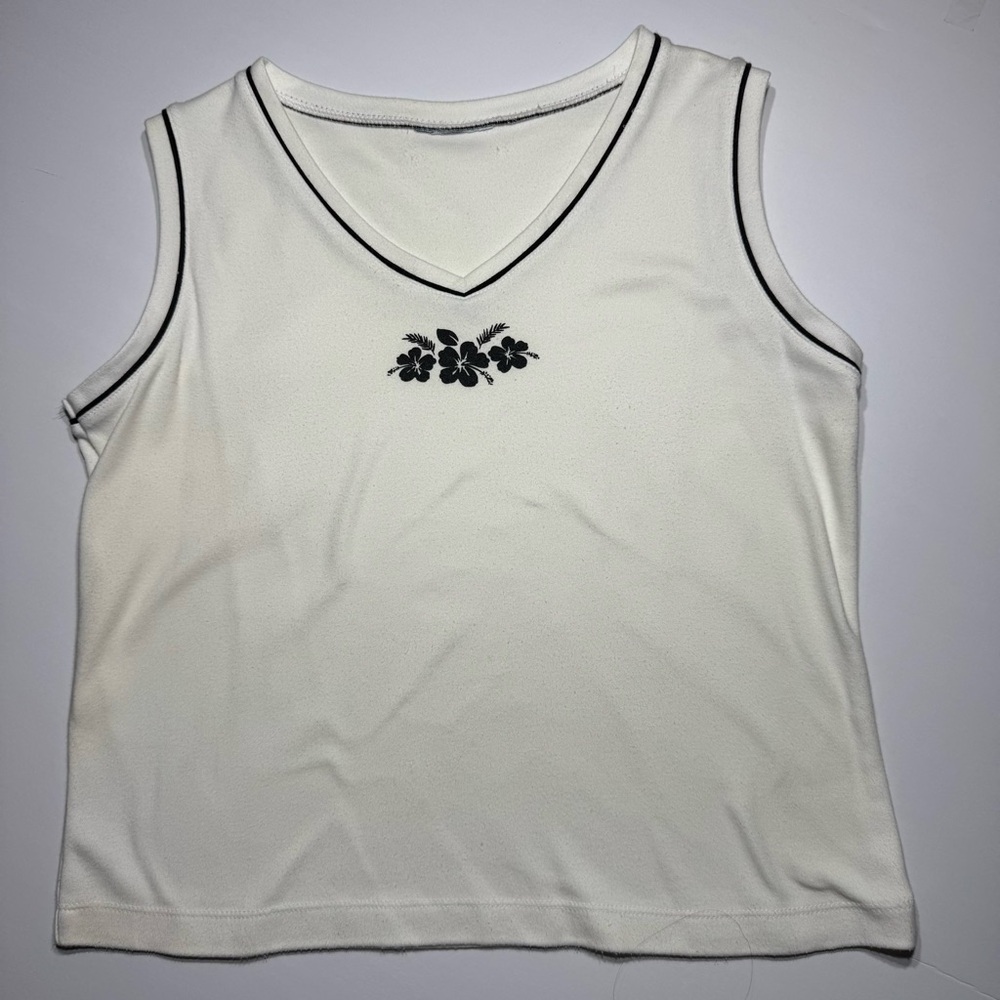 Vintage White V-Neck Tank Top Black Trim Floral Graphic Y2K